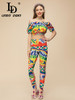 Women Slash neck Flower Color Print Top+Elastic Waist Straight Trouser 2 Pieces Set
