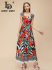 Women's Sleeveless High Waist Rose Print Splice Crumple Long Dress