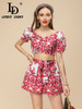  Women's Red and White Porcelain Print Top+Belt Shorts 2 Pieces Set