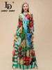 LD LINDA DELLA 2023 Runway Designer Vintage Dress Women's  Flower Color Round Neck Belt Architecture Print Streak Pleating Dress