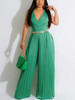 Elegant Summer Wide Leg Pleat Jumpsuits for Women Turn Down Collar Sleeveless One Piece Outfits with Chain Belt Club Overalls