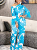 Print Long Pants Two Piece Sets Women's Outifits Bare Shoulder Feathers Full Sleeve Wide Leg Trouser Set Trendy 2023 Spring New