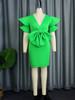Cute Women Mini Green Dress Layered Flare Sleeve V Neck High Waist Birthday Dresses with Big Bow Prom Event Party Club Gowns