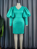 Trendy Green Bodycon Dress Long Sleeve V Neck Latern Sleeve Buttons Sheath Dress Elegant African Ladies Party Date Night Outfits