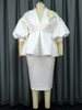 Elegant Women White Dress Set 2 Piece Outfits Cute Peplum Ruffle Tops with Appliques Pencil Skirt Sets Office Work Wedding Guest