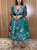 Elegant Floral Print A Line Dresses for Women V Neck Gauze Long Sleeve Pleated Midi Dress with Belt Modest Party Office Wear