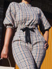 Elegant One Piece Outfit Jumpsuit Women Plaid Printd Stand Collar Lantern Sleeves Lace Up Pencil Pants England Style Casual Wear