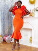 Orange Ruffle Trim Dresses Sleeveless Midi High Waist Fitted Trumpet Dress for Birthday Formal Occasions Fall 2023 Women Clothes