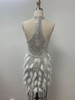  Key Hole Mesh Sequins Silver Feather Mini Dress 