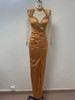 Crystal Rhinestone Gold Long Sleeve Maxi Long Dress 