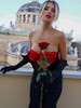 Strapless Cut Out Flower Gloves Black Maxi Long Gowns Celebrity Elegant Evening Party Club Dress