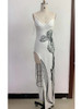 V Neck Backless Flower White Split Maxi Long Gowns Celebrity Elegant Evening Party Club Dress