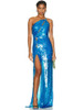 One Shoulder Sequins Mesh Cut Out Blue Maxi Long Gowns Dress Elegant Celebrity Evening Party Club Dress
