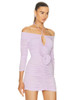  Long Sleeve Flower Mesh Ruched Purple Mini Bodycon Dress 