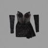 V Neck Mesh Patchwork Sequins Black Mini Dress With Gloves