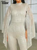 Stand Collar Cape Sleeve Sequin Apricot Formal Occasion  Jumpsuits