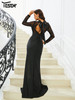Elegant Woman Long Sleeve Black Evening Dress Split Prom Party Vestidos