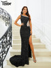 Black Asymmetric Cutout Split Prom Evening Floor Length Dress