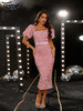 Square Neck Puff Sleeve Pink Sequin Wrap Midi Prom Dress