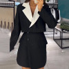  V Neck Long Sleeve Button Top Solid Mini Skirt Sets .
