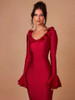 Red Low Cut Flared Sleeve Ruffled Gown Dress 