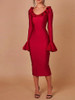 Red Low Cut Flared Sleeve Ruffled Gown Dress 