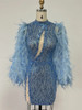  Long Sleeve Mesh Sequins Sky Blue Feather Mini Dress 