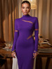 Purple Mesh Hollow Out Patchwork Bodycon Club Party Long Dress