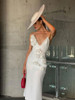 Women Elegant White Spaghetti Strap Midi Dress 