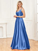  Luxury V-Neck Satin Sleeveless Blue Formal Evening Dress 