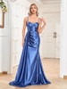  Ruched Side Split Straps Ribbons Backless Long Party Cocktail Gown