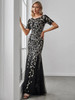  Long Mermaid Short Sleeve O-Neck Lace Sequined Gown 