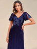 V-Neck Fit Floor Length Ruffles Sleeve Satin High Stretch  A-Line Navy Blue Bridesmaid Dress