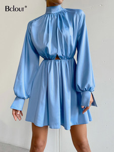 Blue Satin Hollow Out Elegant Dress