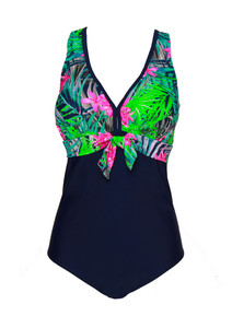 Green Floral Deep V-Neck One-Piece Swimsuit