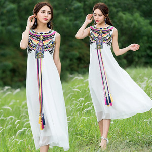 Women's Vintage Embroidery Tassel boho White Long Dress Sleeveless Casual Dresses Ladies Sundress
