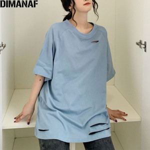 DIMANAF 2021 Plus Size Women T-Shirt Summer Style Soft Cotton Solid Hole Female Lady O-Neck Loose