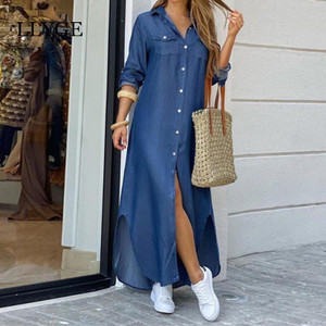 Letter Camouflage Printed Long Dress Women Split Long Sleeve Casual Loose Female Maxi Dresses Summer