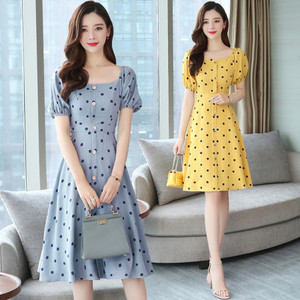 2021 Korean Vintage Sweet Beach Midi Sundress Summer Plus Size Yellow Dot Chiffon Boho Dress Elegant