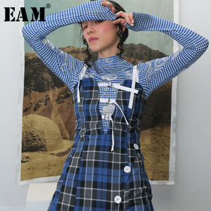 [EAM] Women Blue Plaid Bandage Long Spaghetti Strap Dress New Sleeveless Loose Fit Fashion Tide