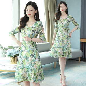 2021 Green Print Chiffon Beach Midi Dresses Spring Summer 3XL Plus Size Vintage Runway Dress Elegant