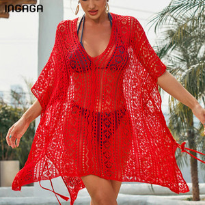 INGAGA 2021 Beach Cover Ups Sexy V-neck Beach Tunic Beachwear Hollow Out Dress Swimwear Women Summer