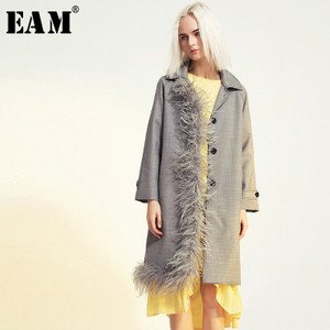 [EAM] Women Feather Spliced Asymmetric Trench New Lapel Long Sleeve Loose Fit Windbreaker Fashion