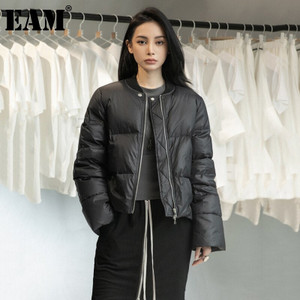 [EAM] Loose Patch Designs Short Down Jacket New Stand Collar Long Sleeve Warm Women Parkas Fashion