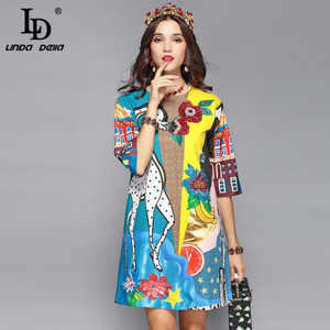 LD LINDA DELLA Runway Designer Summer Dress Women's Half Sleeve Luxury Sequin Animal Print Casual