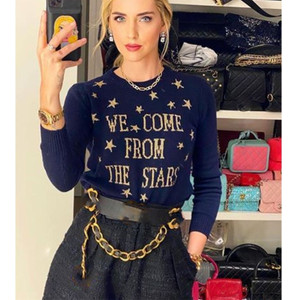 Cosmicchic Women Stars Pullovers 100% Wool Long Sleeve Knitted  Sweater Gold Star Letter Jumpers