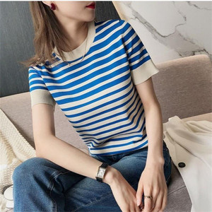 New 2021 Korean Style Women's T-Shirt Blue White Stripe Gradient Small Loose Short Sleeve T-shirt