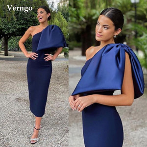 Navy Blue Satin Formal Evening Gowns With Big Bowknot One Shoulder Tea Length Women Party Dress