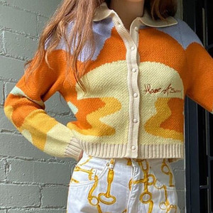 Women Autumn Vintage French Style Sunshine Print Short Knitted Sweater Chic Lady Fashion Single