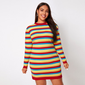 Plus Colorful Striped Round Neck Sweater Dress